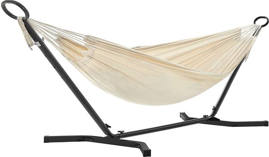 ACAZA Hangmat - Hangmat met standaard - Hangstoel - 210 x 150 cm - Verstelbaar in 5 Verschillende Hoogtes - Metalen Frame - Belastbaar tot 240 kg - Hangmat voor Tuin - Zwart Frame en Beige Hangmat