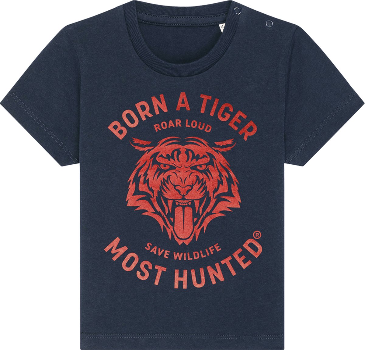 Most Hunted - baby t-shirt - tijger - navy - glanzend rood - maat 6-12 maanden