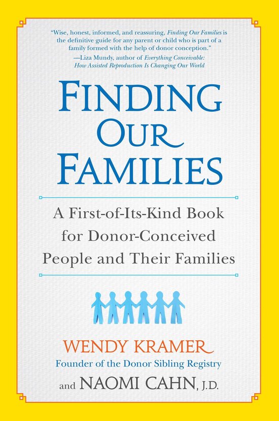 Boek kaft: 'Finding Our Families', een boek over donorconceptie, met blauwe tekst op een witte achtergrond en een rij kleine, blauwe mensjes.