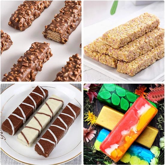 Vierdelige collage van chocoladerepen, repen met granen en kleurrijke zepen.
