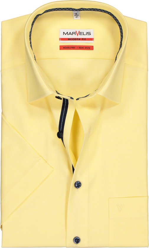 MARVELIS modern fit overhemd - korte mouw - fil a fil - geel (contrast) - Strijkvrij - Boordmaat: