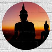 Muursticker Cirkel - Silhouet van Boeddha's bij Feloranje Zonsondergang - 40x40 cm Foto op Muursticker