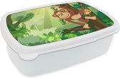 Broodtrommel Wit - Lunchbox - Brooddoos - Aap - Jungle - Jongens - Meisjes - Bloemen - Kids - 18x12x6 cm - Volwassenen