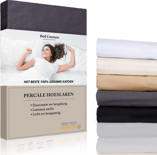 Bed Couture - Hoeslaken Percale 100% Katoen de qualité - Double 140x200cm - Hauteur d'angle 30cm - Ultra doux et souple - Anthracite