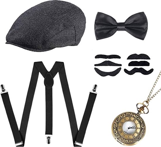 1920 accessoires voor heren, jaren 20 Gatsby kostuumaccessoires voor heren, Gatsby-kostuumset, Panamahoed, vlinderdas, bretels, snorren set en zakhorloge, zwart, één maat