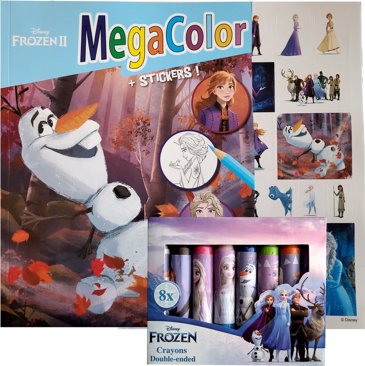 Disney Frozen - Kleurboek - Olaf - lichtblauw - prinsessen - 130 kleurplaten - met 8 waskrijtjes - 25 stickers - Megacolor - knutselen - cadeau - kado - verjaardag - Elsa - Anna
