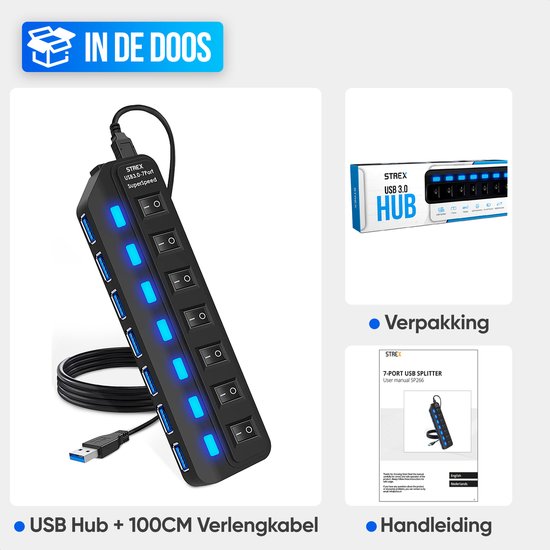 Hub USB 3.0 noir à 7 ports avec indicateurs LED bleus. Comprend le hub USB, un câble de 100 cm, l'emballage et le manuel.