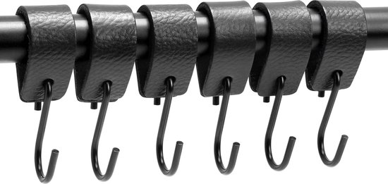 Brute Strength - Leren S-haak hangers - Zwart - 12 stuks - 12,5 x 2,5 cm – Zwart zilver – Leer - handdoekhaakjes - Ophanghaken – kapstokhaak