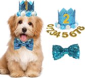 11-delige honden verjaardags set met hoedje met cijfers en strik licht blauw - hond - huisdier - honden verjaardag - hoed - strik - blauw