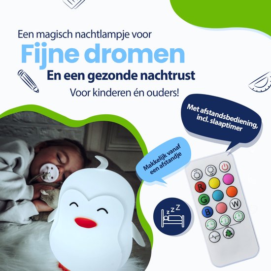 Kadoing Pinguïn Nachtlamp (Extra Groot) met Afstandsbediening - Oplaadbare Kinderlamp - 18.5cm Hoog
