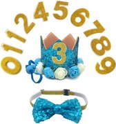 11-delige katten verjaardags set met hoedje met cijfers en strik licht blauw - kat - poes - huisdier - verjaardag - das strik - verjaardags hoed