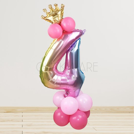 Leeftijdballon 4 Jaar - Hoera 4 Jaar - Prinsessenfeest - Kinderverjaardag Prinses Thema - Kinderfeestje Prinsessen – Unicorn – Regenboog - Princess Birthday Decoration - Meisje Verjaardag Feest Prinses - Roze Prinsessen Verjaardag - Ballon met Kroon