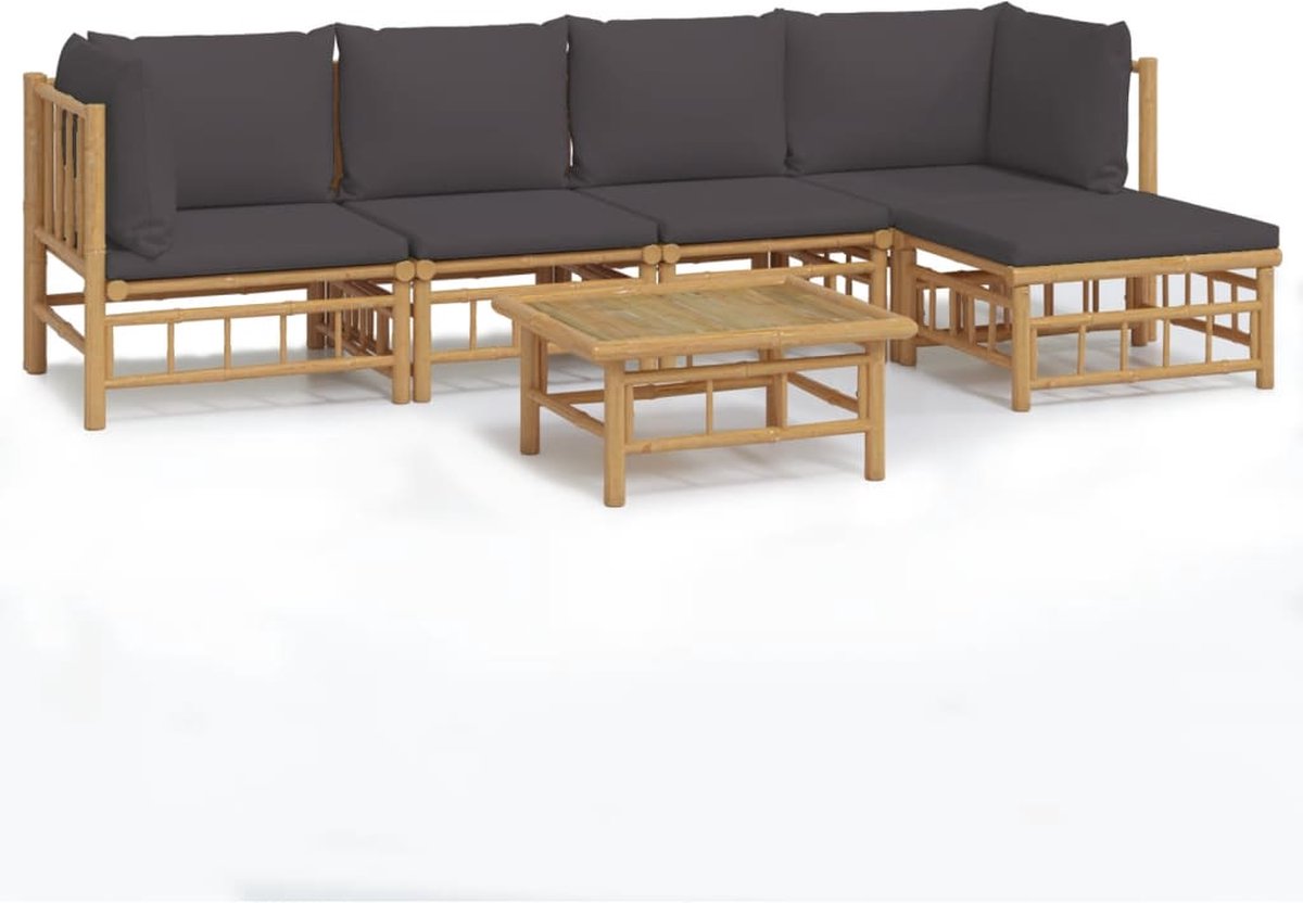 vidaXL 6-delige - Loungeset - met - kussens - bamboe - donkergrijs