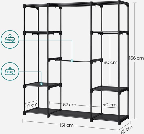 ALKNOT - Kledingrek, stabiele kledingstang met plank, open kledingkast