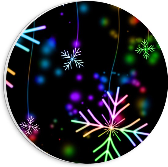 PVC Schuimplaat Muurcirkel - Neon Kleurige Sneeuwvlokjes tegen Zwarte Achtergrond - 20x20 cm Foto op Muurcirkel (met ophangsysteem)