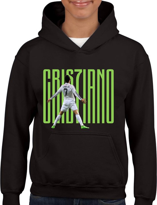 Ronaldo - Kinder Hoodie - Zwart - Hoodie leeftijd 11 tot 12 jaar - Voetbal shirt - Cadeau - Hoodie- CR7 - voetbal - verjaardag - Unisex Kids hoodie - Groene tekst