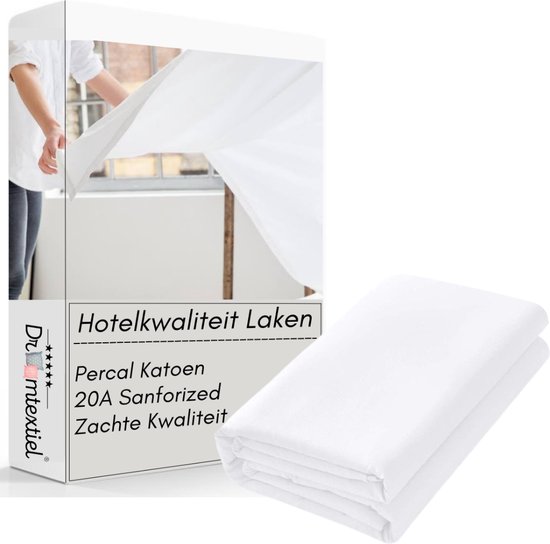 Droomtextiel Percale Katoen Boven / Onder - Laken Wit - 200x260 CM - Heerlijk Zacht - Hotelkwaliteit