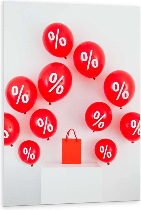 PVC Schuimplaat- Rode Actie Ballonnen bij Rood Cadeautasje - 80x120 cm Foto op PVC Schuimplaat