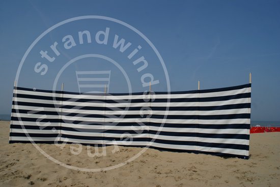 Strand Windscherm Marine Blauw - Wit - 7 meter Sterk Dralon met 2 Delige Houten Stokken 180 cm - Inclusief houten hamer