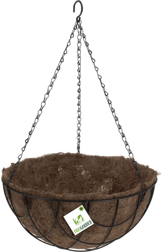 2x stuks metalen hanging baskets / plantenbakken zwart met ketting 30 cm inclusief kokosinlegvel - Hangende bloemen
