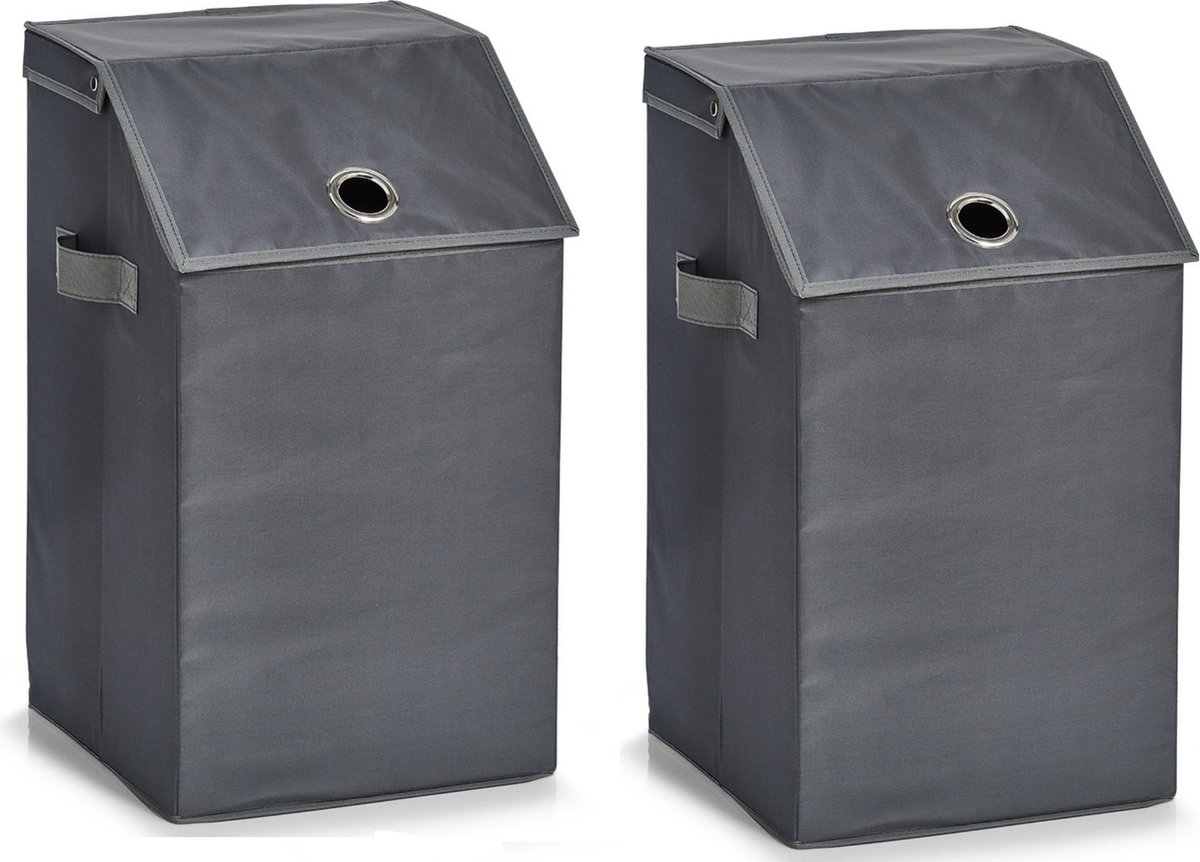 Goedkoopste Zeller Wasmand - Set van 2x stuks - antraciet - met deksel - polyester - 34 x 34 x 60 cm - Wasgoedmanden