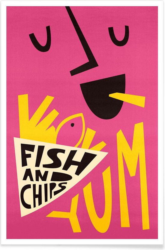 JUNIQE - Poster i premium houten lijst Yum Fish and Chips /Roze