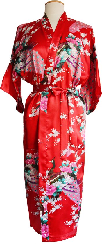 Foto: Kimu kimono rood maxi maat l xl yukata satijn lang lange rode ochtendjas japanse kamerjas sexy satijnen badjas geisha pauw pyjama bloemen festival