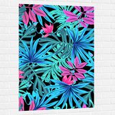 Muursticker - Patroon van Blauwe en Paarse Planten tegen Zwarte Achtergrond - 80x120 cm Foto op Muursticker