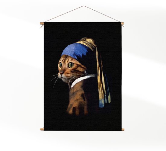 Textielposter Menselijke Kat Als Meisje Met De Parel L (85 X 60 CM) - Wandkleed - Wanddoek - Wanddecoratie