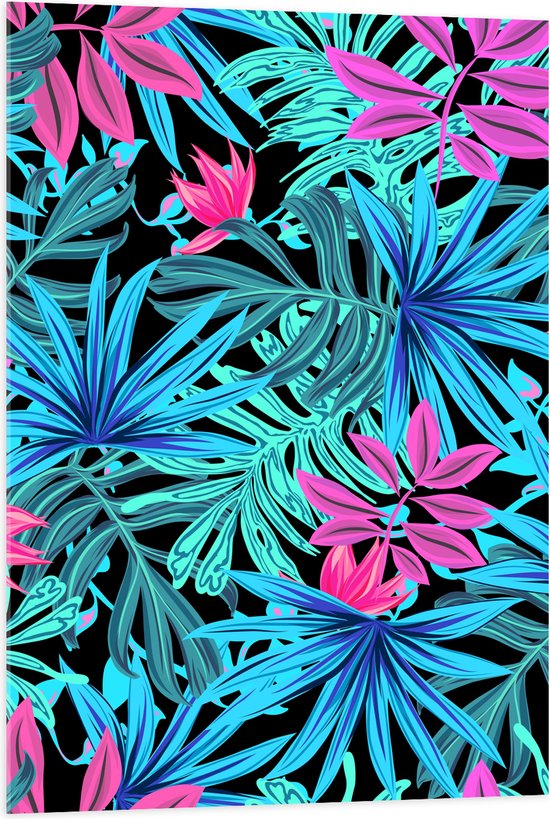 Acrylglas - Patroon van Blauwe en Paarse Planten tegen Zwarte Achtergrond - 70x105 cm Foto op Acrylglas (Wanddecoratie op Acrylaat)