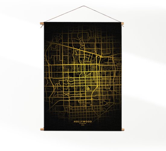 Textielposter Hollywood Plattegrond Zwart Geel L (85 X 60 CM) - Wandkleed - Wanddoek - Wanddecoratie
