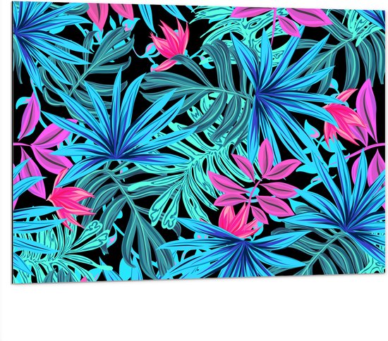 Dibond - Patroon van Blauwe en Paarse Planten tegen Zwarte Achtergrond - 100x75 cm Foto op Aluminium (Wanddecoratie van metaal)