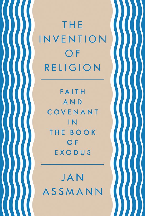 Couverture de livre : 'The Invention of Religion' avec des bords bleus ondulés et un panneau central beige avec du texte bleu.