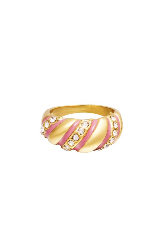 Roestvrijstalen gouden statement ring swirl - roze zirkoon steentjes - maat 18- Moederdag cadeautje - cadeau voor haar - mama