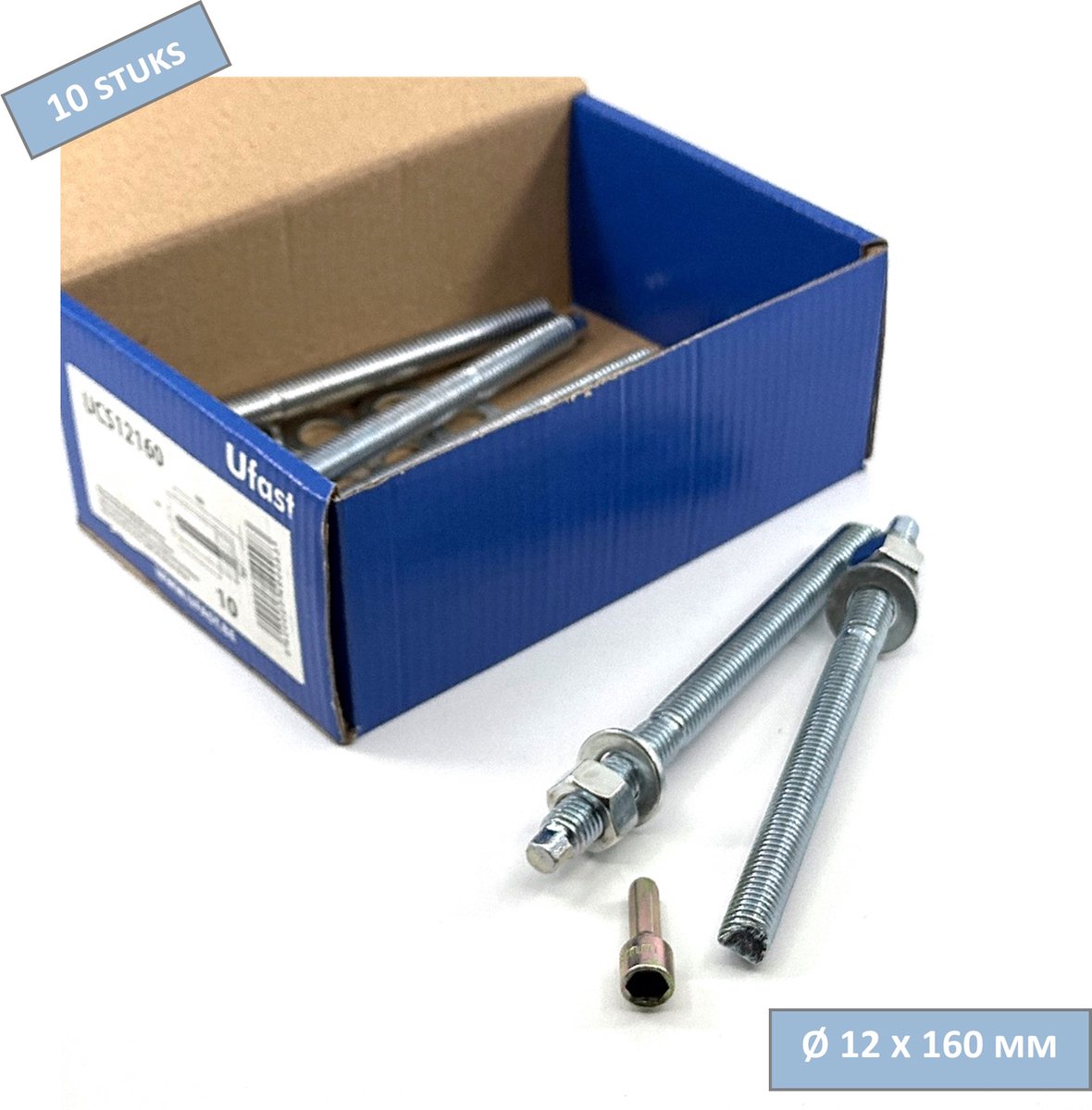 UFAST ankerstang - M12 x 160 mm - Moer + sluitring - Verzinkt - Incl bit voor montage - 10 stuks