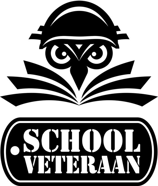 Logo met een uil op een open boek, met een helm op. Daaronder een ovaal met 'SCHOOL VETERAAN'.