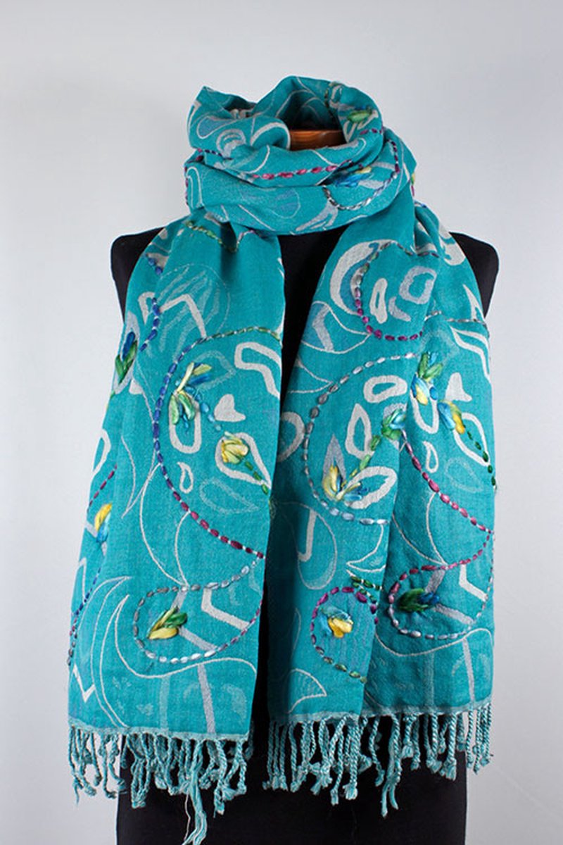 Wollen geborduurde sjaal en omslagdoek Turquoise-Azur