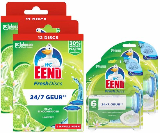 WC Eend Fresh Discs: 3 verpakkingen met elk 6 schijven in geur 'Lime Zest'. Twee verpakkingen zijn navullingen en één is een starterspakket.