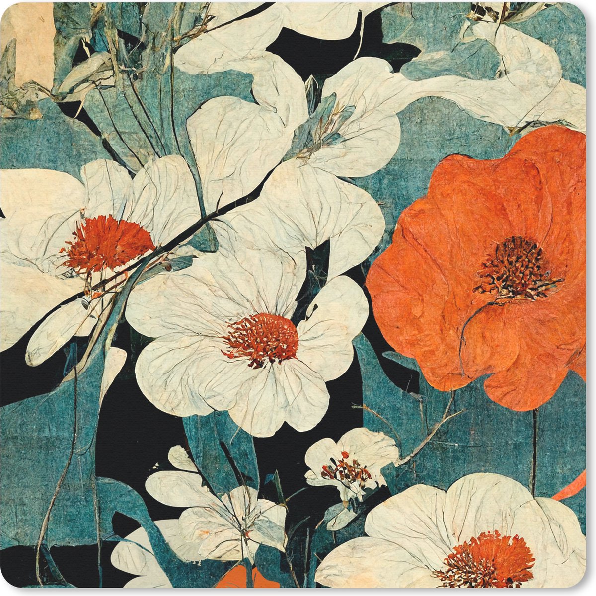 Muismat 30x30 cm - Mousepad Bloemen - Planten - Vintage - Azië - Oranje - Muismatten