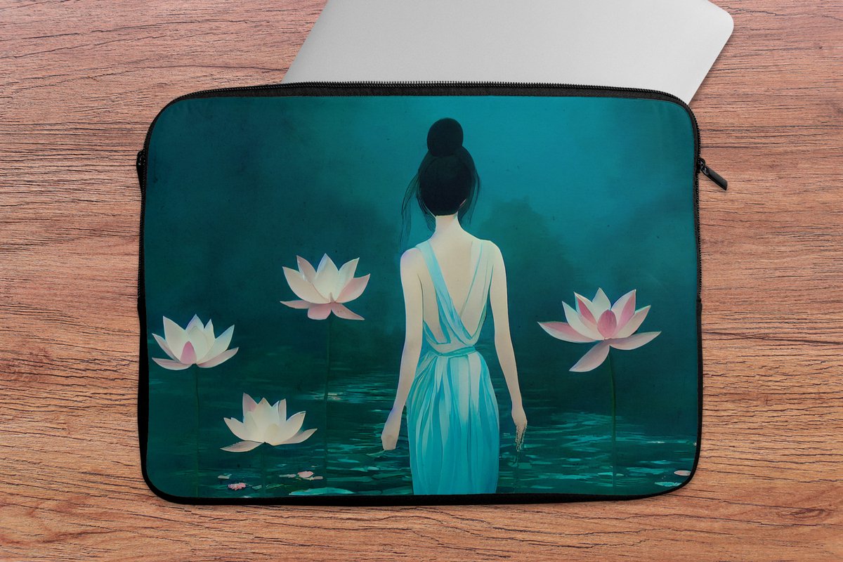 Laptophoes 13 inch - Vrouw - Portret - Water - Bloemen - Lelie - Laptop sleeve - Binnenmaat 32x22,5 cm - Zwarte achterkant