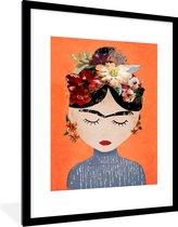Fotolijst incl. Poster - Portret - Frida Kahlo - Oranje - Vrouw - Bloemen - 60x80 cm - Posterlijst