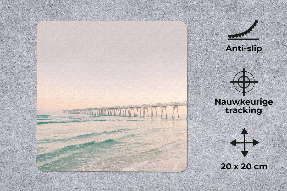 Muismat 20x20 cm - Mousepad Zee - Strand - Brug - Natuur - Zonsondergang - Muismatten