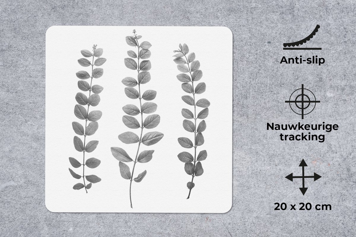 Muismat 20x20 cm - Mousepad Planten - Bladeren - Natuur - Wit - Muismatten