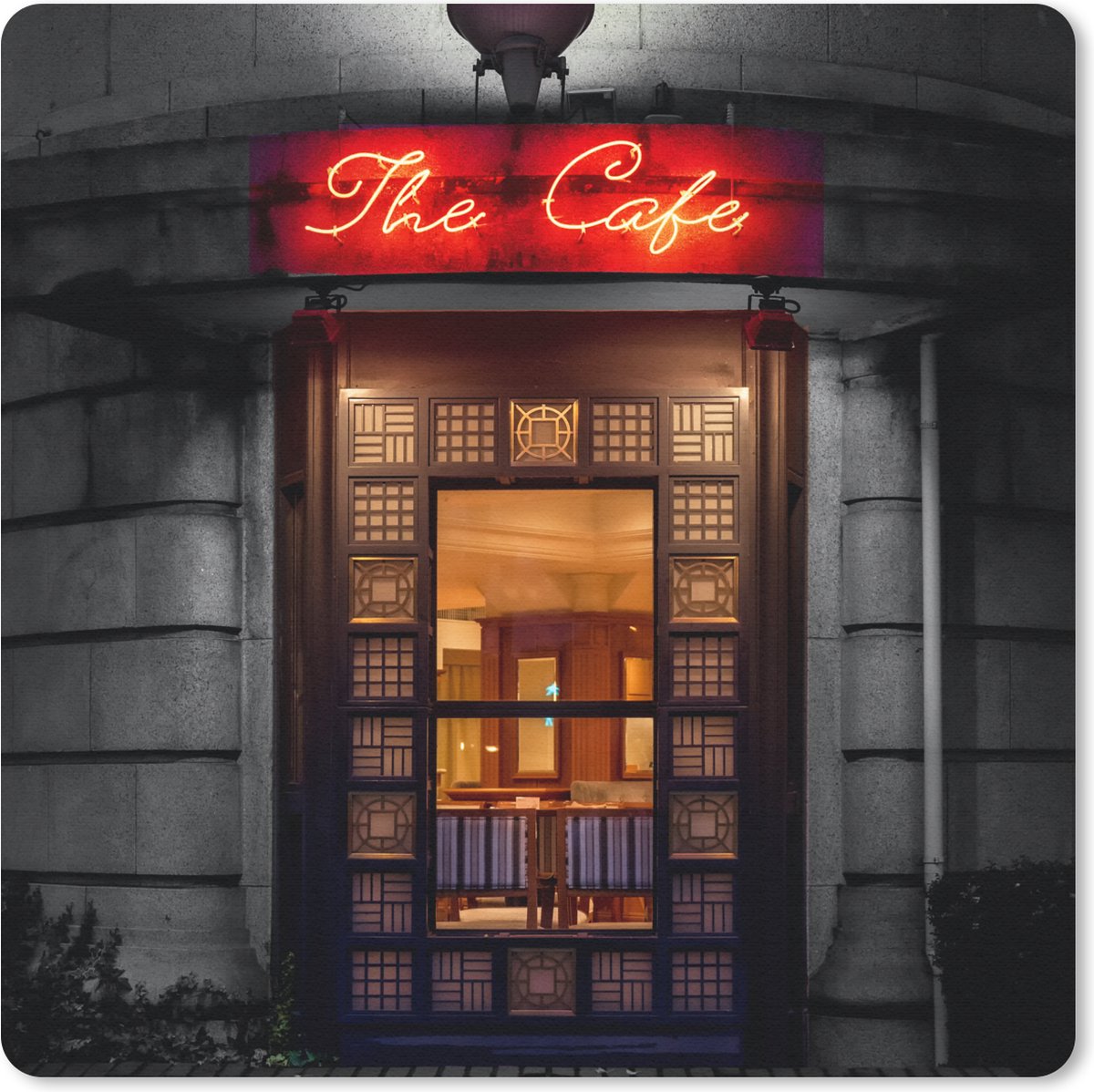 Muismat 30x30 cm - Mousepad Deur - Café - Rood - Architectuur - Neonlicht - Muismatten