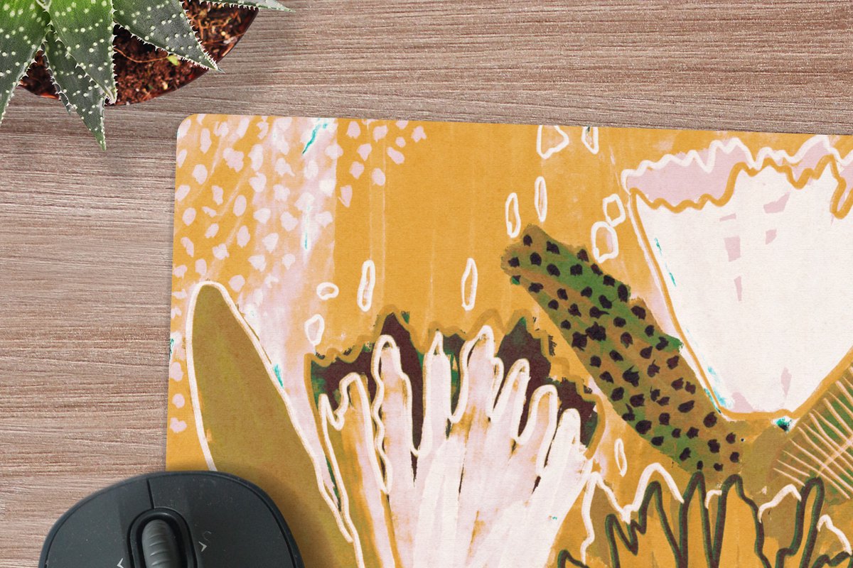 Muismat XXL 50x50 cm - Bureau onderlegger - Bureau mat Bloemen - Geel - Kleuren - Planten - Bureaumat - Gaming mousepad xl - Bureaulegger groot - Computer deskmat