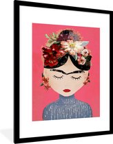 Fotolijst incl. Poster - Frida Kahlo - Vrouw - Vintage - Bloemen - Kunst - 60x80 cm - Posterlijst