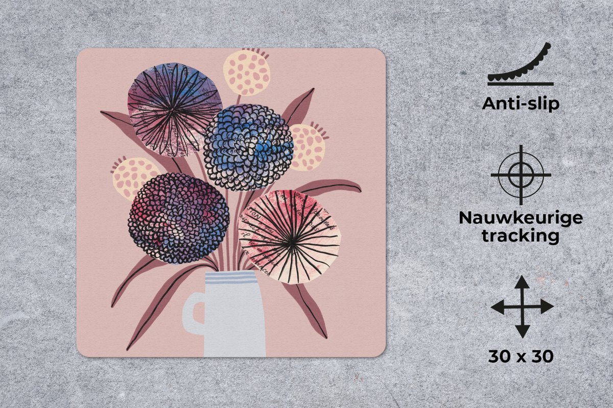 Muismat 30x30 cm - Mousepad Bloemen - Pastel - Vaas - Planten - Muismatten