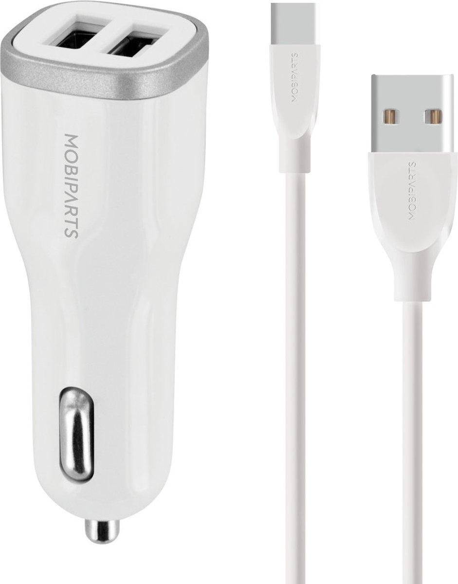 Mobiparts Car Charger Dual USB 24W/4.8A + USB-C Kabel - Wit