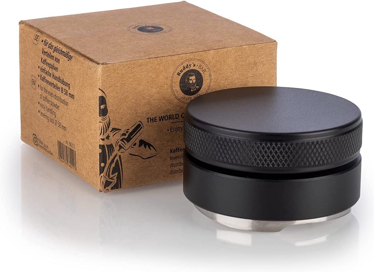 Buddy's Bar Barista Edition - koffieverdeler en leveler - 58 mm - zwart - instelbare compressiediepte