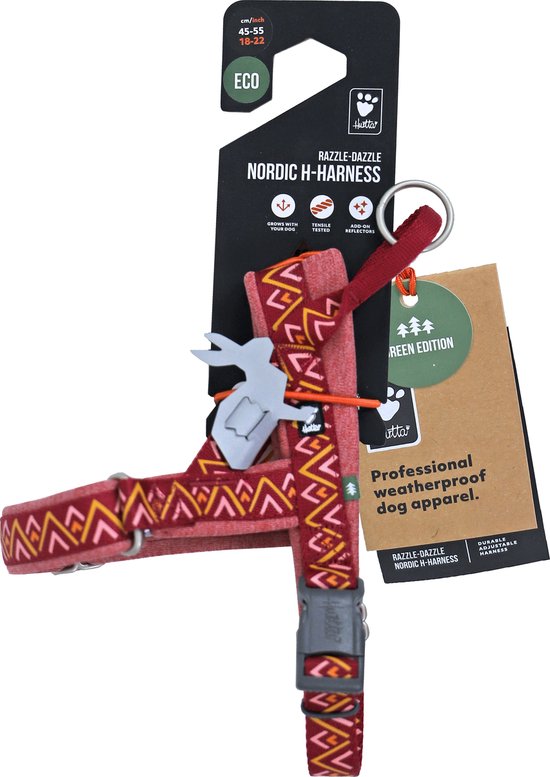 Rood Nordic H-harnas met geometrisch patroon, in verpakking met "Razzle-Dazzle Nordic H-Harness" tekst.